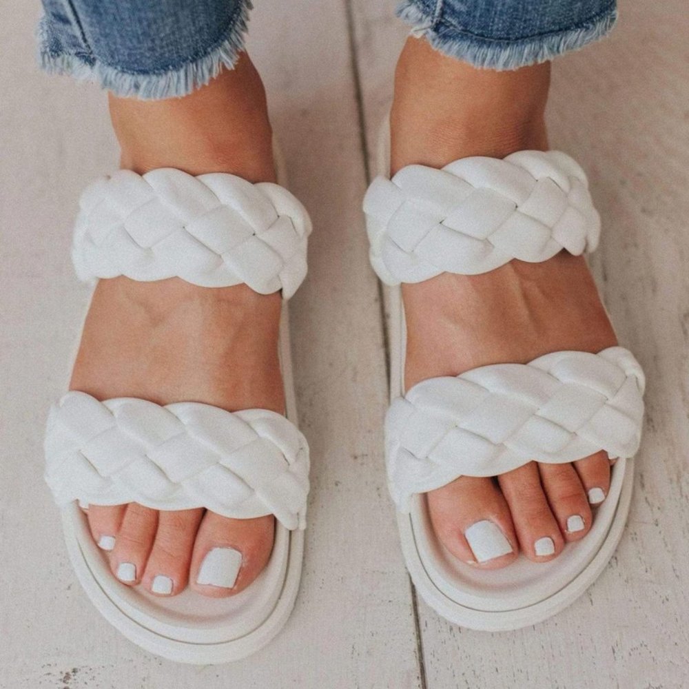 NEW White Braided Double Straps Slip On Platform Slides Slipper Sandals Shoes - Picture 3 of 16